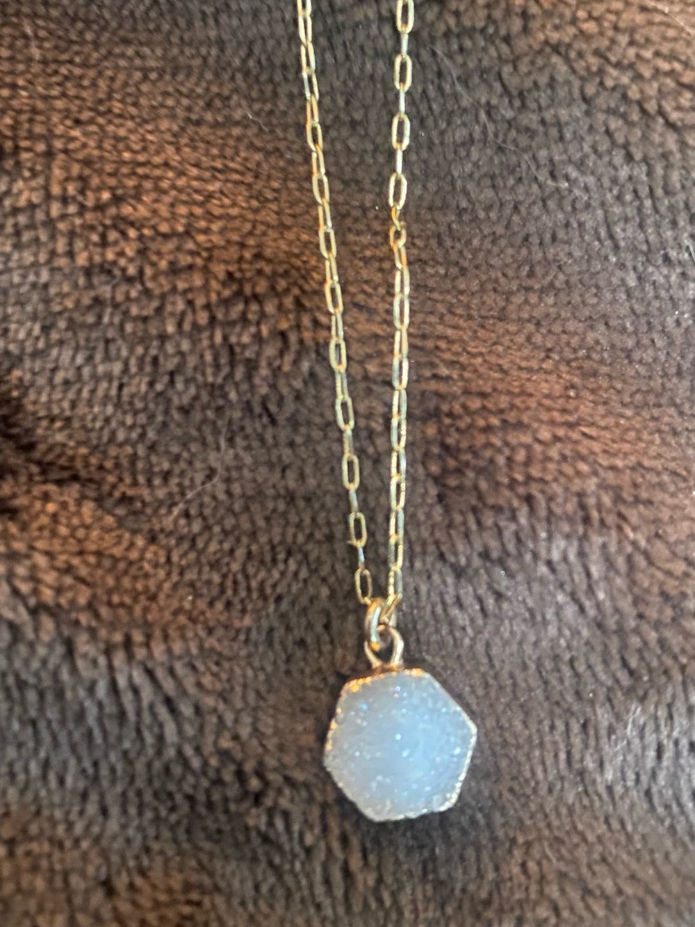 Hexagon Light Blue Druzy Pendant Necklace in Gold